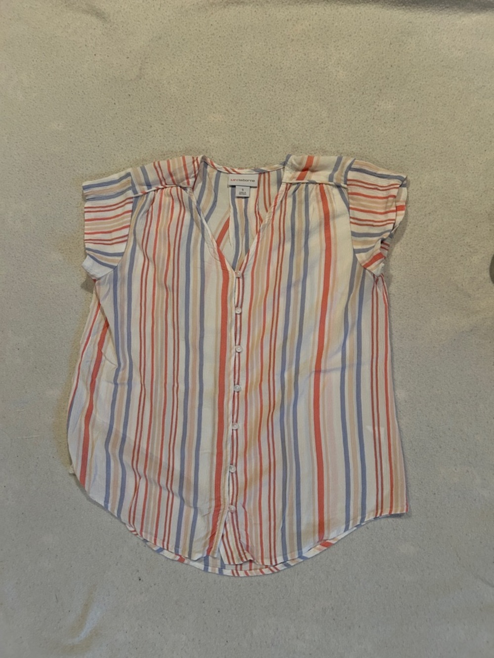 Liz Claiborne White Striped Button-Front Cap Sleeve Blouse